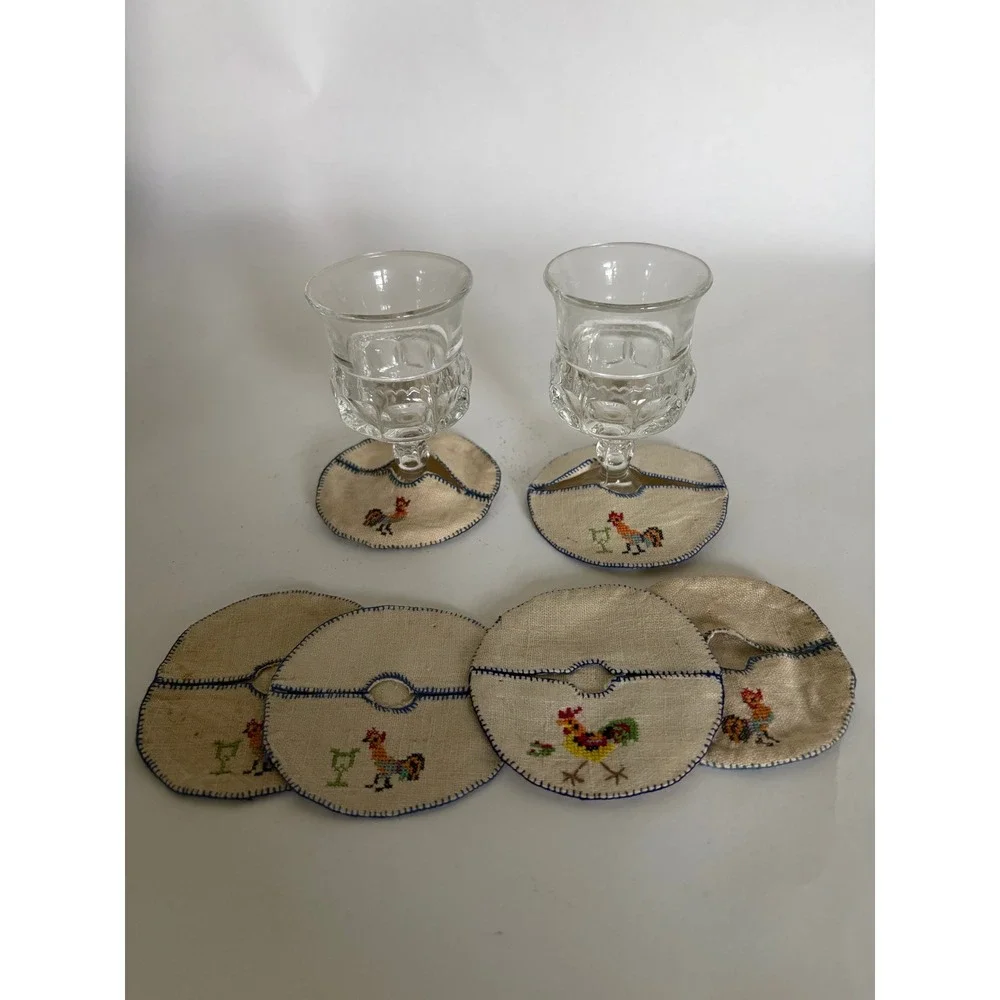 2 Cordial Glasses 6 Handmade Vintage Folk Art Stitched Chicken Coaster Cosies